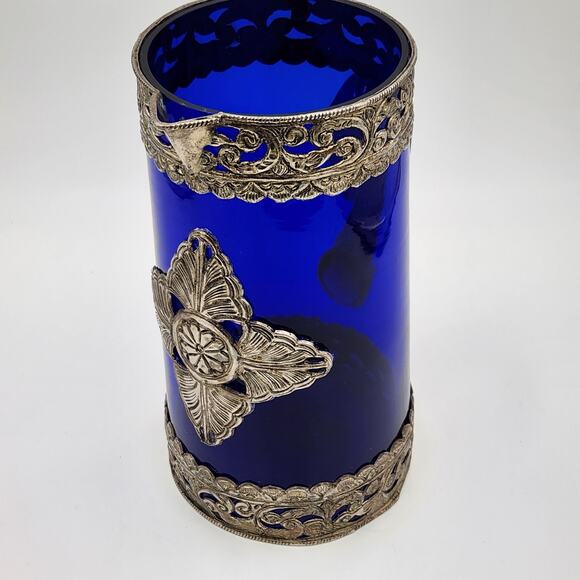 Cobalt Blue Pitcher with Silver Toned Filigree - Picture 3 of 15